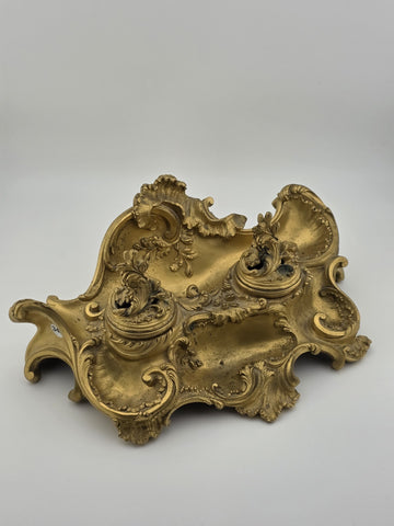 Antique 19th C French Louis XV Rococo Ornate Gilt Bronze Ormolu Inkwell Inkstand