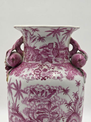 Vintage Chinese Porcelain Pink Chinoiserie Vase w Pommegranate Flowered Handles