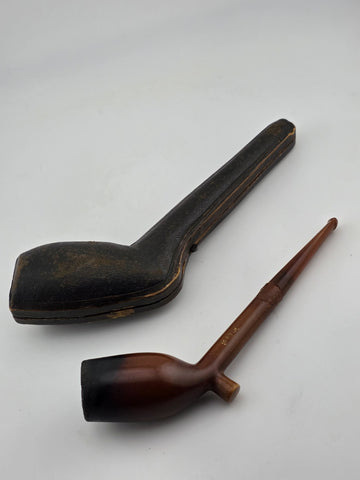 ANTIQUE VICTORIAN ERA MONOGRAMMED CASED MEERSCHAUM PIPE, AMBER LONG STEM. READ.