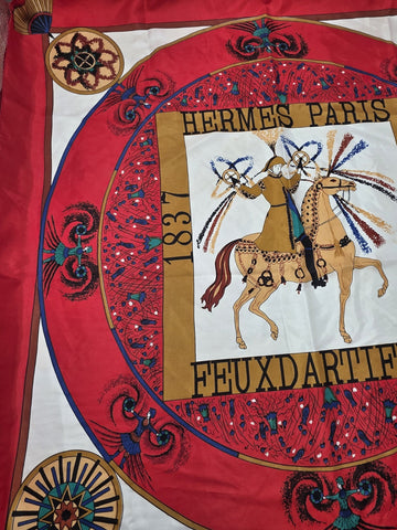 VINTAGE HERMES FEUX D’ARTIFICE FIREWORKS RED SILK SCARF WRAP 1937-1990 34X34