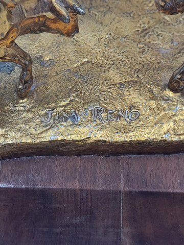 15 In Jim Reno Cutting Horse &Steer Rodeo Brass Trophy Sculpture Gold Color NCHA