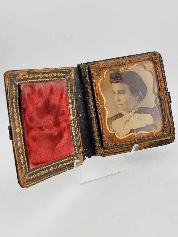 1860's Beautiful Lady Tin Type Fine Gutta Percha Deer Buck Hunter Pocket Frame