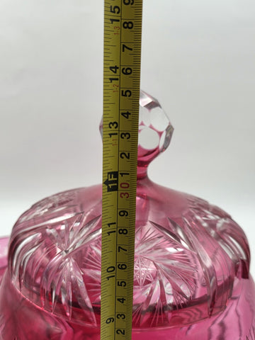 Rare 1940's Vtg Bohemian Cranberry Cut to Clear Crystal Punch Bowl Set w/13 Cups