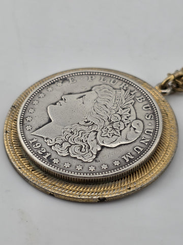 Antique 1921 Morgan Silver Dollar Pendant & 24" Gold Plated chain.