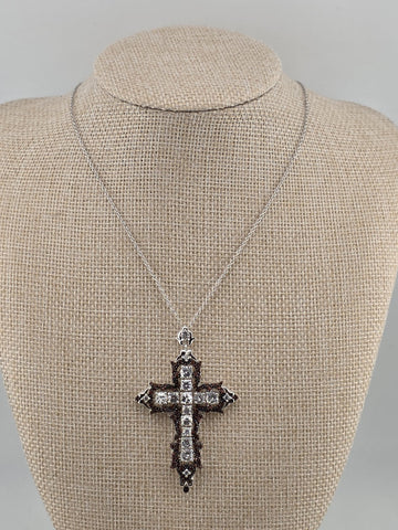 Vintage Sterling Silver 925 Cross Pendant Red Clear CZ Ornate Gothic Necklace