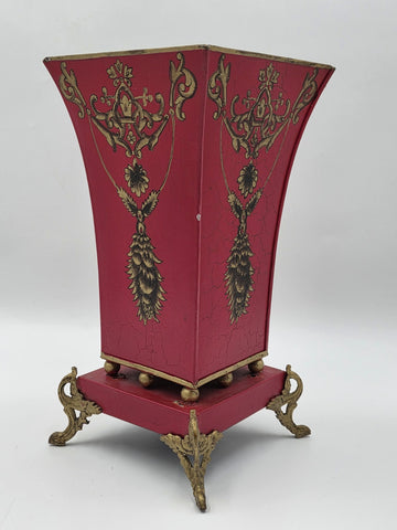 Antique 1940 Hollywood Regency Red Gold Toleware Planter Cachepot Louis XV Style