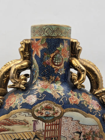 Vintage Royal Satsuma Moon Flask Bottle Vase Gold Gilt Dragon Handles Large 14"