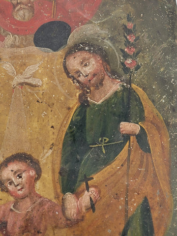 Early 19th Century Spanish Colonial/Mexican Icon Holy Family Oil on Tin Retablo