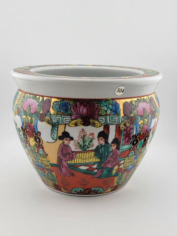 Antique Handpainted Chinoisserie Fishbowl Ceramic Chinese Pot W Geisha Figures.