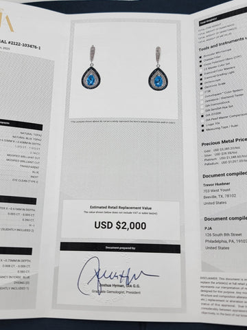Gorgeous Set Of Natural Blue Topaz & Natural Cut Diamonds Earings W Certificate
