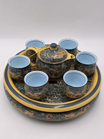 Chinese Qianlong Mark Porcelain Dragon Gongfu Tea Set Teapot 6 Cups Tray. New.
