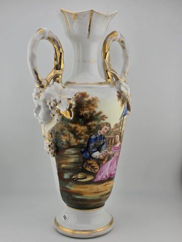 Antique 19thC Hand Painted Porcelain Vase Romantic Scene Gold Gilt Paris Style