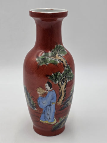 Antique Chinese Republic Famille Rose Coral Red Scholar Vase Qianlong Mark 10"