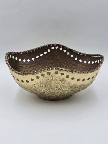 Large Antique Hand Hammered Brass Pierced Floral Bowl Jardiniere Rope Rim