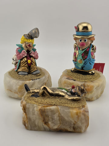 Vintage Set Of 3 Small Ron Lee 24k Gold Plated Clown Figurines 1980's Signed.