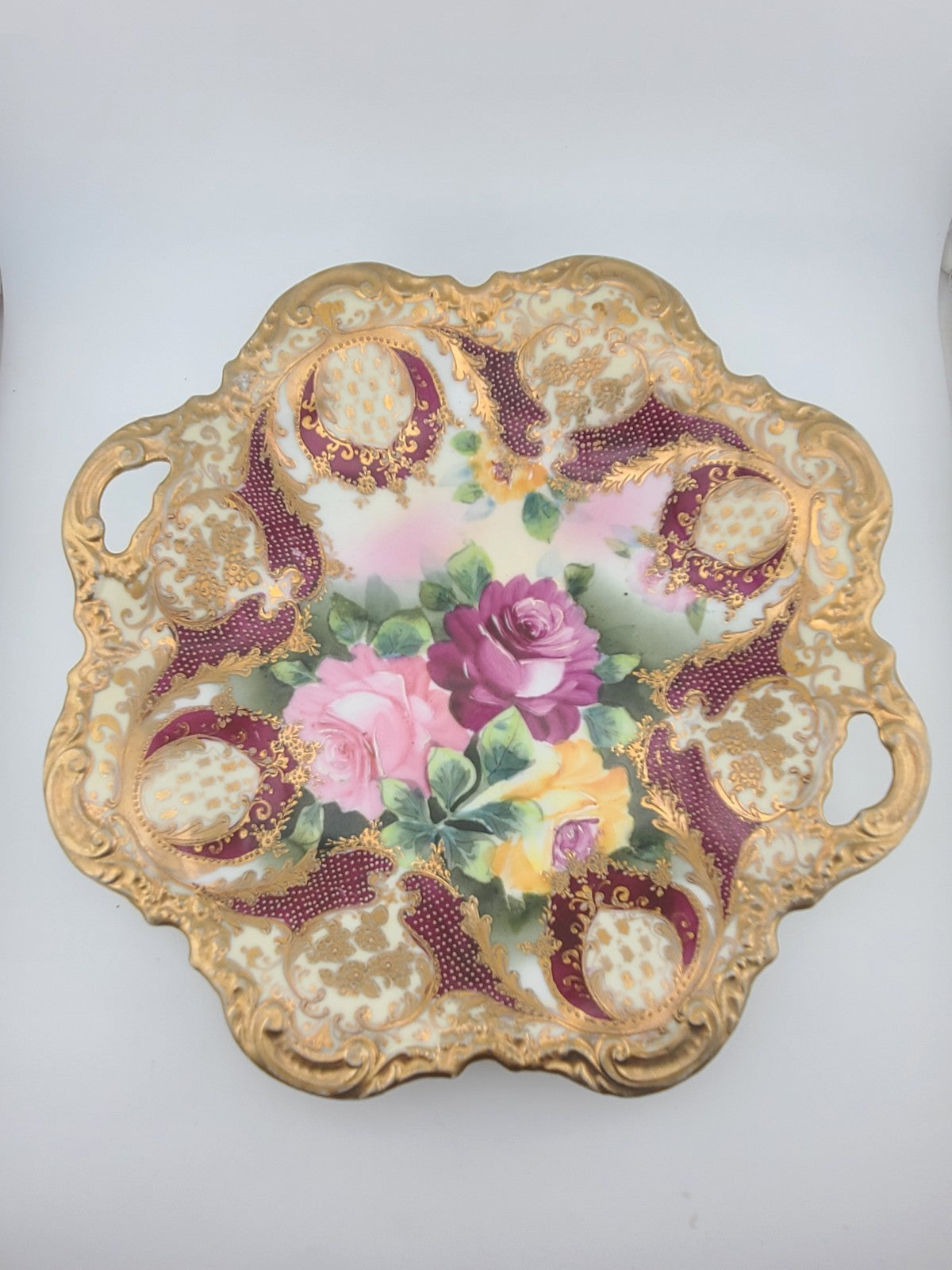 Antique Royal Kinran Nippon HandPainted Platter Moriage Pink Yellow Rose Gold