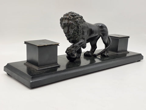 19th C Victorian Cast Iron Lion Double Inkwell Desk Set Antique Black Japanned.