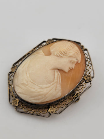 Vintage Art Deco Sterling framed portrait carved shell pendant brooch 1&1/2inch