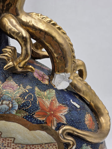 Vintage Royal Satsuma Moon Flask Bottle Vase Gold Gilt Dragon Handles Large 14"