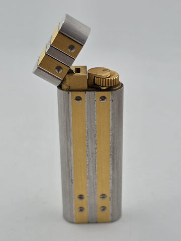 MUST DE CARTIER Santos Rivets Oval Two-Tone Silver/Gold LIGHTER W Box. Works.