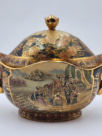 Vintage Satsuma Hand Painted Gold Gilded Bowl Urn Compote W Lid Fritz. Extra Lid