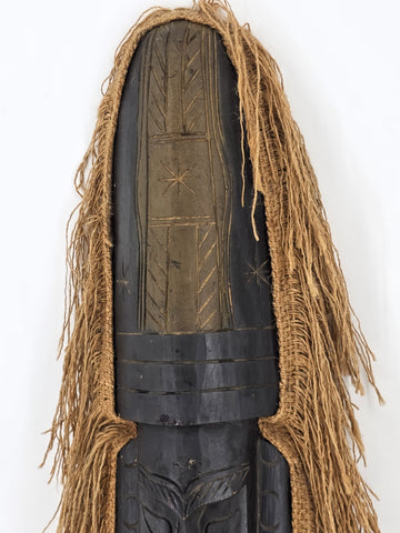 Vintage 40” West African Hand Carved Wood Mask Raffia Fringe Tribal Wall Art