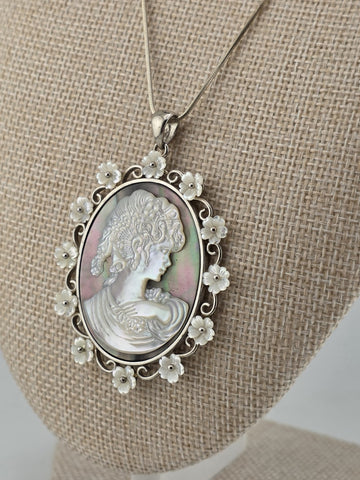 Large Sterling Silver Mother of Pearl Cameo Pendant Necklace Floral Frame 925