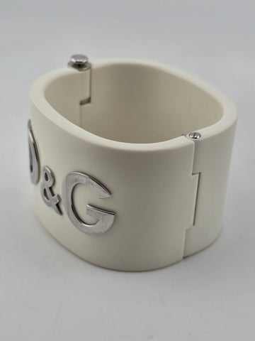 Vintage 2in Thick Dolce & Gabbana Logo Cuff Bangle 81AG White & Silver. 7 Inch