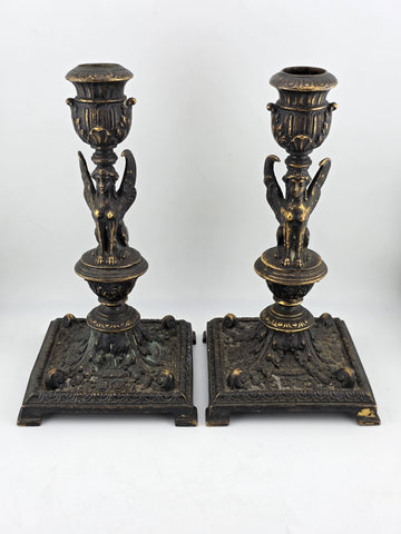 Ultra Rare 19th Century Egyptian Revival Gilt Bronze Sphinx Candlestick Holders