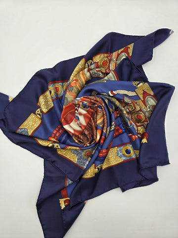 Hermès Silk Scarf 90 “Tibet” Cathy Latham Blue Red Gold Tibetan Jewelry Motif