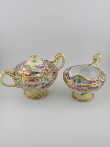 1920's Antique Nippon Hand Painted Sugar & Creamer Set Raised Gold Art Nouveau