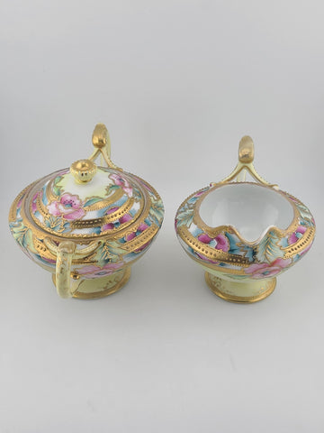 1920's Antique Nippon Hand Painted Sugar & Creamer Set Raised Gold Art Nouveau