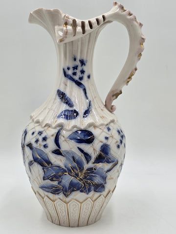 Antique 19th C Royal Worcester 1892 Porcelain Blue & Gold Floral Relief Pitcher