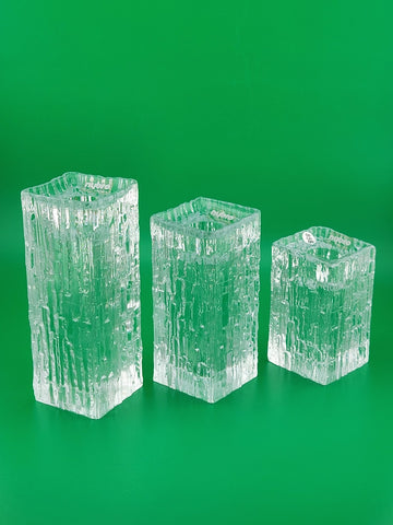 Rare Vintage Set Of 3 Nybro Crystal Heavy Glass Candlestick Holders Ice Pillars