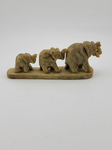 HAND CARVED GREEN JADITE  3 ELEPHANTS MINIATURE SCULPTURE 2 In X 5 In
