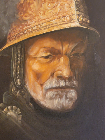 Antique European Oil on Canvas Painting, Man In Gold Helmet. signed H. BARBIERI.