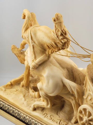 Vintage Santini Italy Figure Roman Gladiator Chariot and Horses Statue. Signed