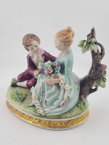 Antique Capodimonte Boy and Girl Porcelain Figurine Romantic Scene W 5”