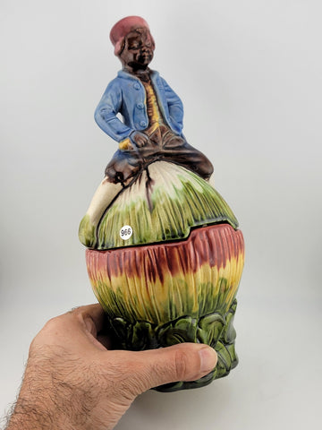 Rare African Boy Horn Blower Vintage Majolica Pottery Candy Dish/ Cookie Jar