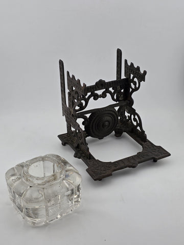Antique TATUM'S Postal Ink Stand Cast Iron Glass Inkwell Quill & Envelope Holder