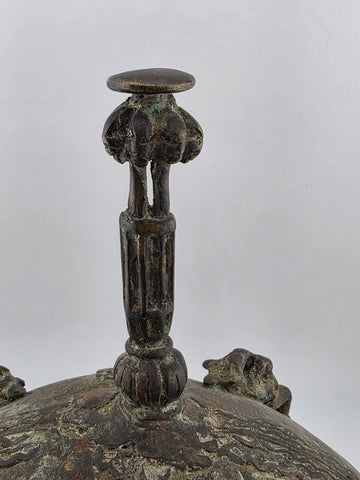 Early 20th C Luba Congo Bronze Ritual Vessel Lid w/ Figures African Tribal Art