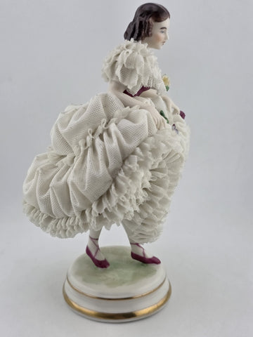 Antique Dresden Lace Porcelain Figurine Lady Dancer Flowers Germany MZ Crown 7”