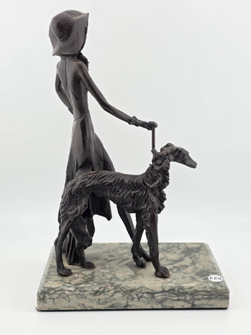Rare 1930's Art Deco French Bronze Sculpture of Lady Walking Her Greyhound Dog.