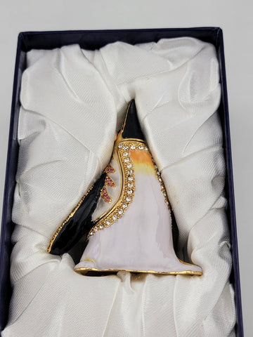 Vintage Penguin Treasure Inside Enameled Rhinestone Trinket Box In Original Box.