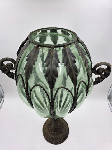 Rare Antique 19th C Murano Green Caged Blown Glass Urn Vase Centerpiece. 23 In