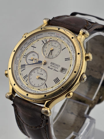 Vintage Collectible SEIKO 5T52-7A10 World Timer Age of Discovery Alarm- Working