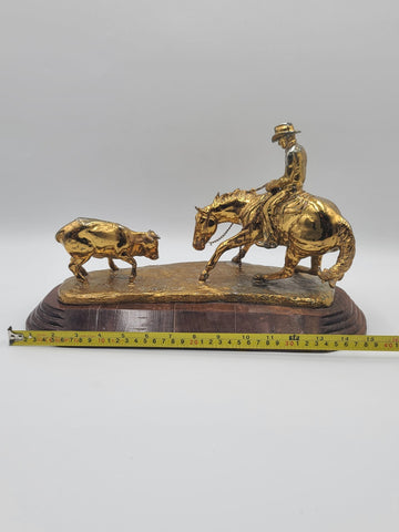 15 In Jim Reno Cutting Horse &Steer Rodeo Brass Trophy Sculpture Gold Color NCHA