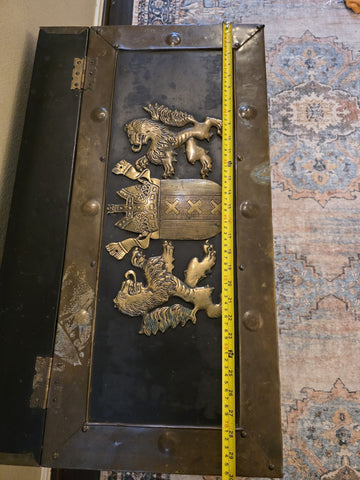 Private: RARE ANTIQUE 19TH C CONTINENTAL BRASS BOUND KINDLING BOX W ARMORIAL.