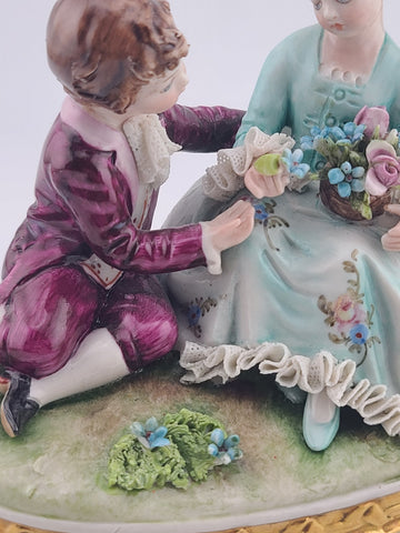 Antique Capodimonte Boy and Girl Porcelain Figurine Romantic Scene W 5”