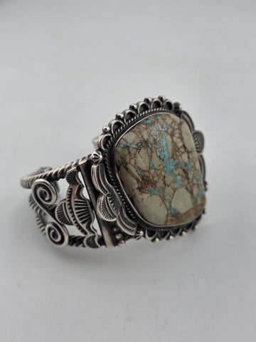 Huge Vintage Oscar Alexius Turquoise Sterling Silver Cuff Bracelet Navajo Signed